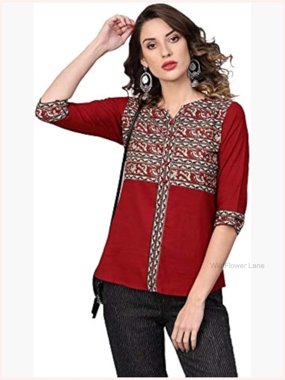 Cotton Slub Bell Sleeve Tunic Top - Summer Casual Keyhole Neck 3/4 Sleeve